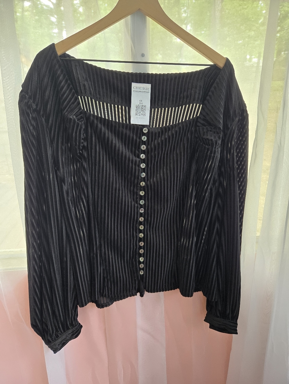 Black Velvet Ribbed Button-Front Women's Top